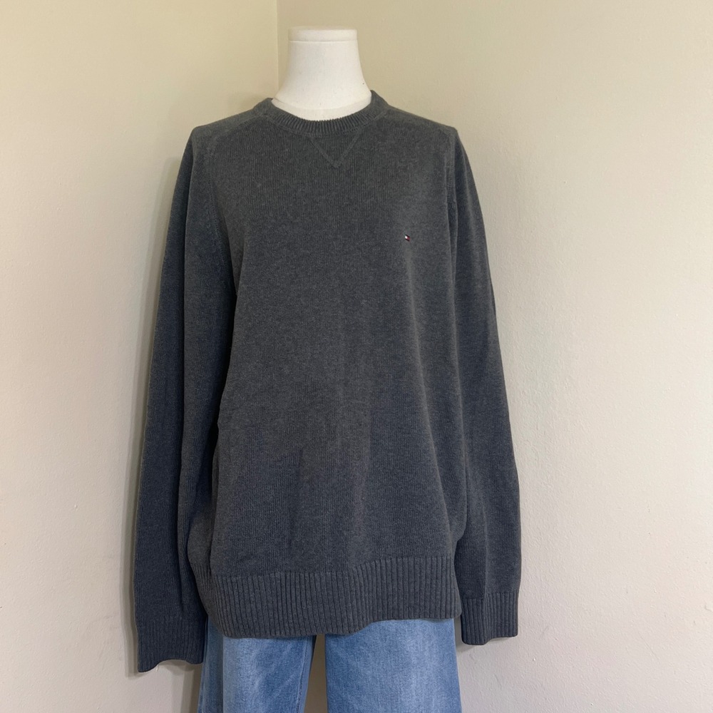 Tommy Hilfiger Gray 100% Cotton Crewneck Sweater Large Raglan Knit Flag Logo